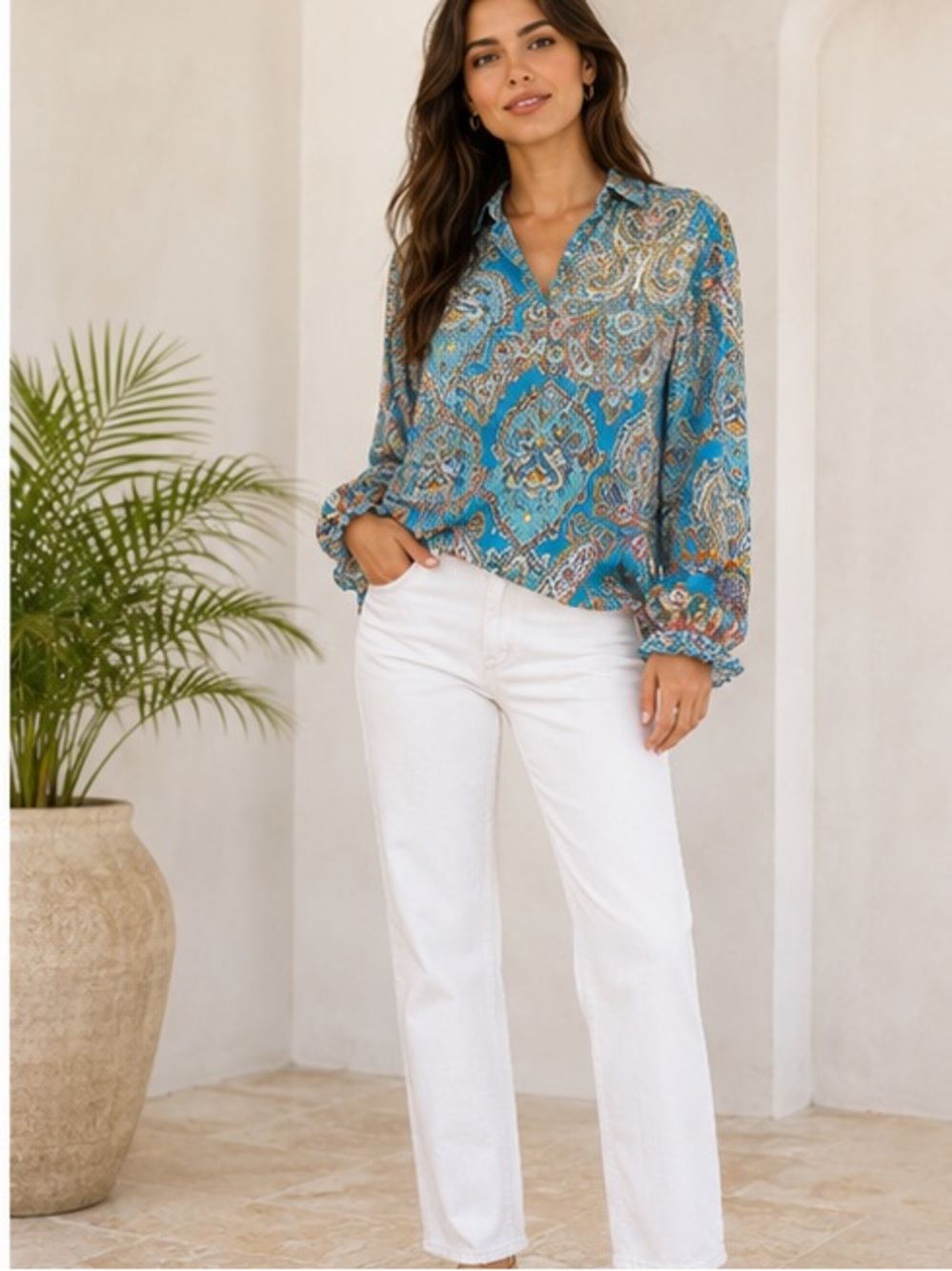Gigi Moda Blue Paisley Ruffle Sleeve Button Front Tunic Blouse Size L